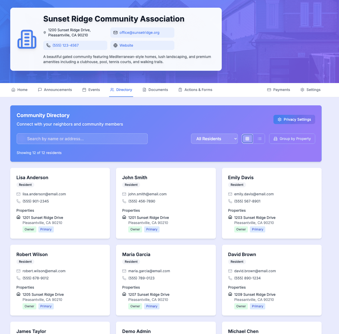 Resident directory card view